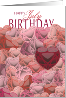 Ruby Red Colored Hearts July Birthday card