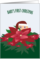 Peeking From Behind Poinsettia Baby’s First Christmas card