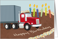 Container Truck on Cake with Candles Happy Birthday card