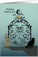 Halloween Graveyard Gate with Black Cat card