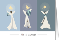 Carrying the Earth Three Multicultural Angels with Halo Rays Joy to the World card