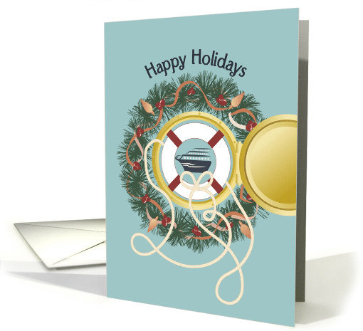 Wreath Around Window Porthole and Cruise Ship Happy Holidays card