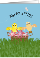 Chicks in Flower Basket Happy Spring card