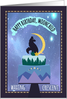 Waxing Crescent Wolf and Woodland Mountain Skyline Birthday Cake card