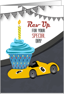 Speedway Racecar and Cupcake Happy Birthday card