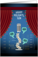 Stage and Microphone Comedy Holidays for Son card