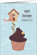 Bird with Binoculars and Cupcake for Birdwatcher Birthday card