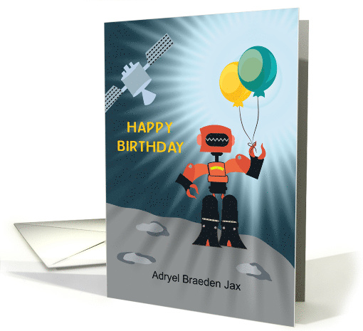 Robot and Satellite with Birthday Balloons Custom Name card (1917070)