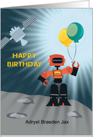 Robot and Satellite with Birthday Balloons Custom Name card