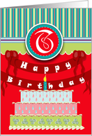 Stripes and Cake Monogram T Happy Birthday card