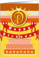 Bright Canopy and Cake for Monogram D Happy Birthday card