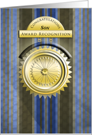 Black and Blue Stripes Medallion Congratulations on Award Son card