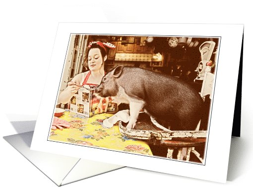 50's Mom Feeding a Pig in a High Chair card (768906)