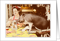 50’s Mom Feeding a Pig in a High Chair card