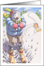 Christmas Snowman Skiing Down a Slope with Fox Looking On card