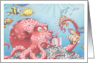 Birthday Octopus Opening It’s Present with Tropical Fish Swimming By card