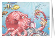 Birthday Octopus Opening It’s Present with Tropical Fish Swimming By card