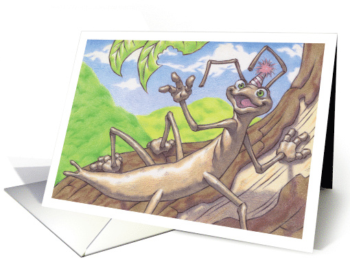 Birthday Walking Stick Bug Happily Waving While Climbing a Tree card