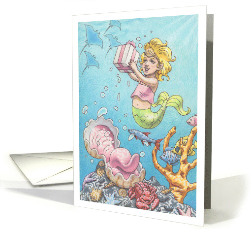 Birthday Mermaid Girl Discovering Her Present Under the Sea card