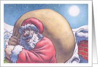 Christmas Santa on Rooftop during Moonlit Night card