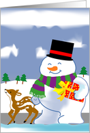 Snowman and Deer Delivering A Present card