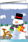 Snowman and Deer Delivering A Present card