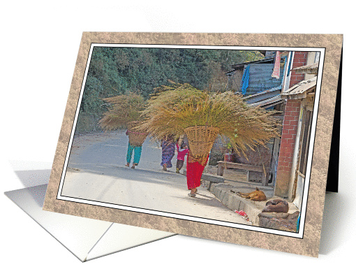 CARRYING GRASS FODDER THROUGH VILLAGE IN NEPAL card (1345922)