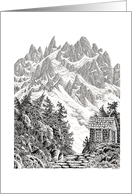 MOUNTAIN CABIN PEN DRAWING HELLO card