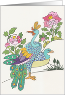 Peacock Birds and Peony blank note card