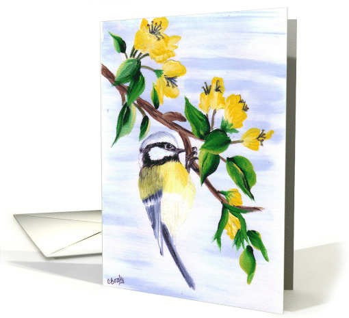 Sherry's Song Three Nut Hatch bird on flowering branch Blank Note card