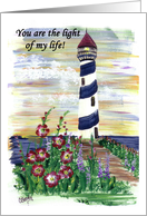 You are the light of my life - lighthouse and flowers card