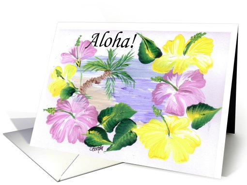 Aloha flowers around beach scene card (751966)