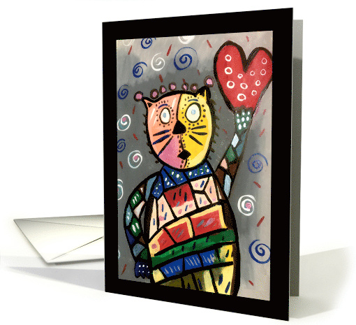 Large Eyed Cubism Cat Holding a Heart Blank Any Occasion card