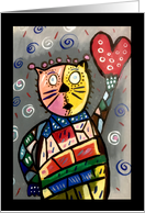 Large Eyed Cubism Cat Holding a Heart Blank Any Occasion card