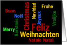 Merry Christmas! in 6 languages. Yellow, red, green & blue on black. card