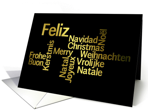 Merry Christmas! in 6 languages. Golden lettering on black. card