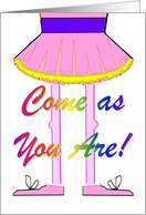 Come as you are Party Invitation. Cartoon Ballerina in a Pink Tutu. card
