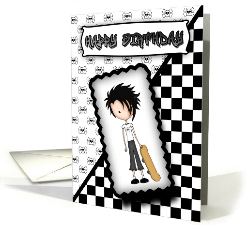Little Emo Boy Skateboarder Birthday Card in Black and White card
