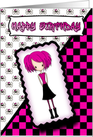 Little Emo Girl Birthday Card in Black and Pink card