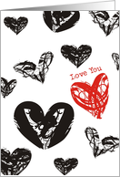 Valentine’s Day, Black and white grunge hearts single red Love You card