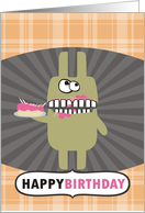 Cute funny monster eating your birthday cake card