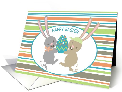 Cute dancing girl boy bunnies decorated egg Happy Easter card (743323)