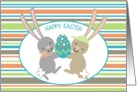 Cute dancing girl boy bunnies decorated egg Happy Easter card