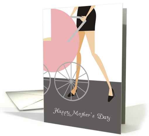 Fashion mom walking pink baby carriage girlfriend Mother's Day card
