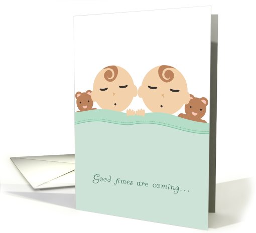 Cute sleeping girl or boy twins baby shower congratulations card
