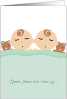 Cute sleeping girl or boy twins baby shower congratulations card