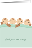 Cute sleeping girl or boy quadruplets baby shower congratulations card