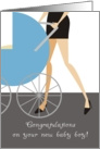 Fashion mom walking baby boy carriage new baby congratulations card