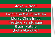 Merry Christmas Text Many Languages Red and Green Stripes card