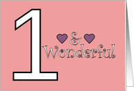 One and Wonderful 1st Birthday Pink Purple Hearts card